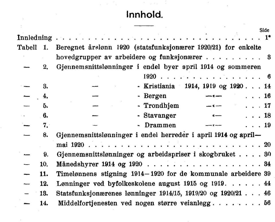 Gjennemsnittslonninger i endel herreder i april 1914 og april mai 1920 20-9. Gjennemsnittslønninger og arbeidspriser i skogbruket.. 30-10. Månedshyrer 1914 og 1920 34 11.