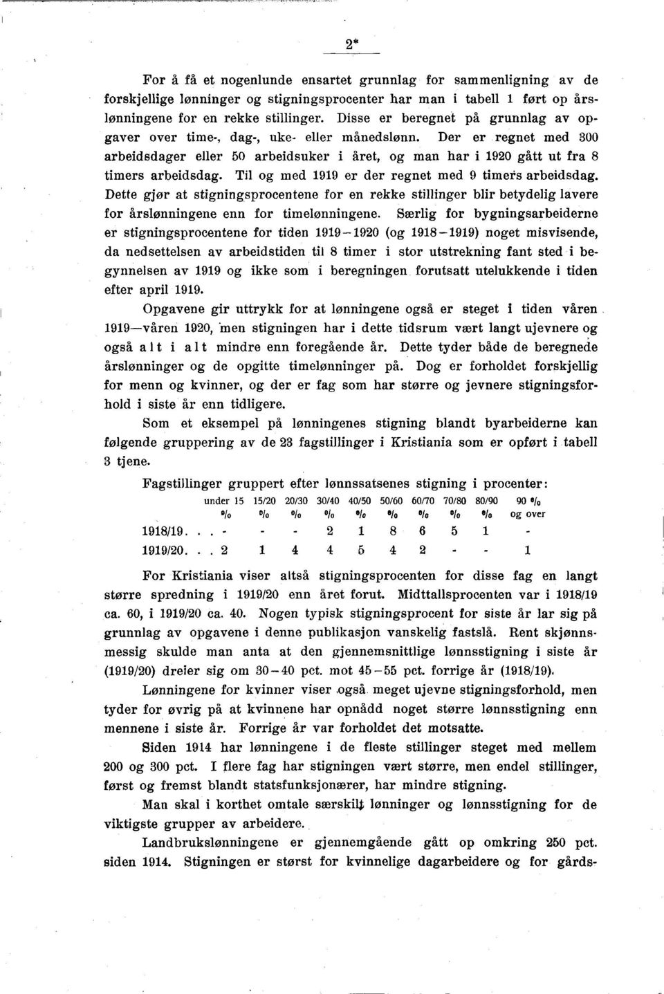 Til og med 1919 er der regnet med 9 timers arbeidsdag. Dette gjør at stigningsprocentene for en rekke stillinger blir betydelig lavere for årslønningene enn for timelønningene.