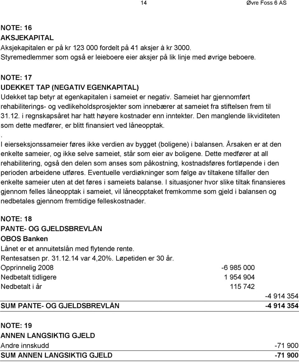 Sameiet har gjennomført rehabiliterings- og vedlikeholdsprosjekter som innebærer at sameiet fra stiftelsen frem til 31.12. i regnskapsåret har hatt høyere kostnader enn inntekter.