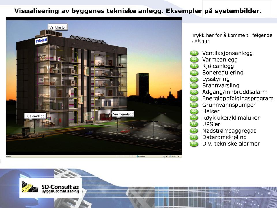 Ventilasjonsanlegg Varmeanlegg Kjøleanlegg Soneregulering Lysstyring Brannvarsling