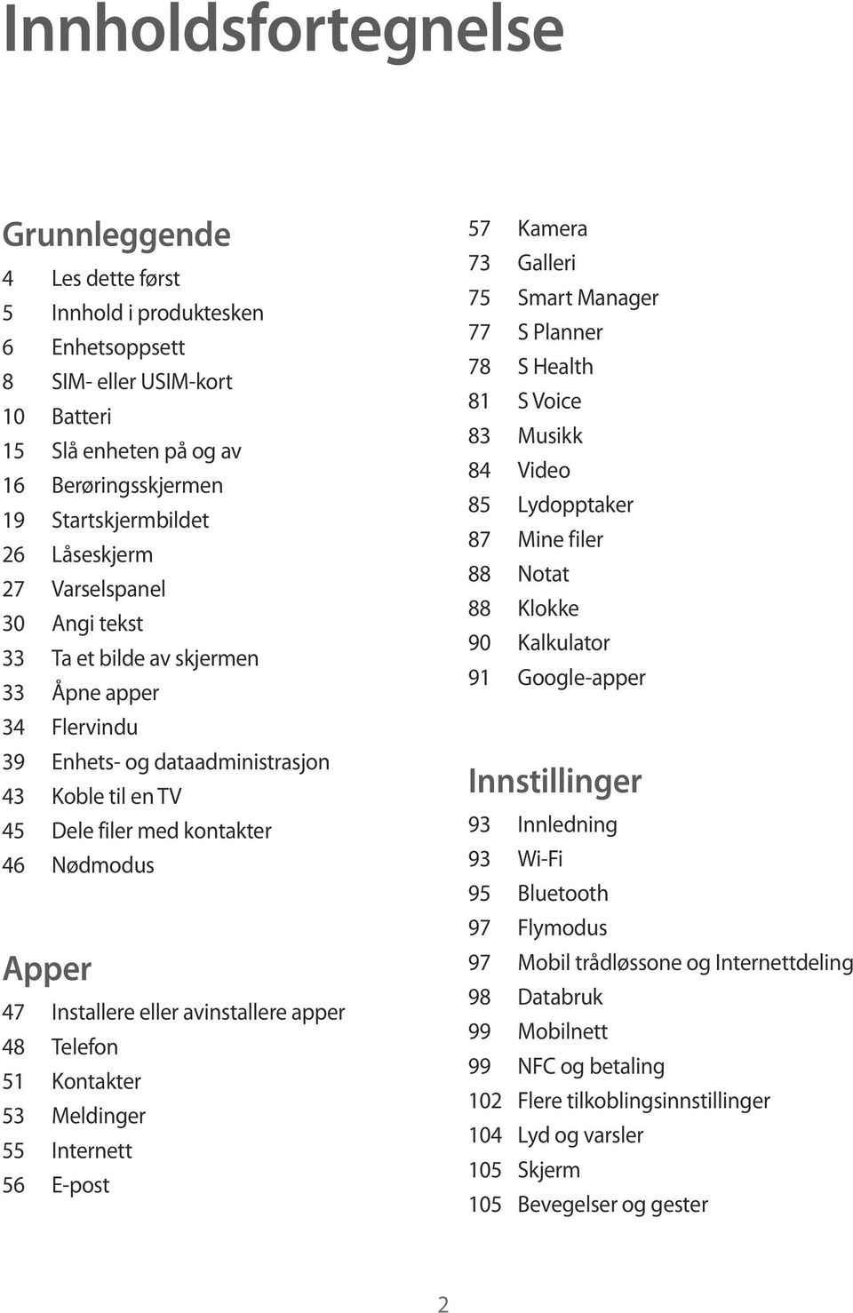 Installere eller avinstallere apper 48 Telefon 51 Kontakter 53 Meldinger 55 Internett 56 E-post 57 Kamera 73 Galleri 75 Smart Manager 77 S Planner 78 S Health 81 S Voice 83 Musikk 84 Video 85