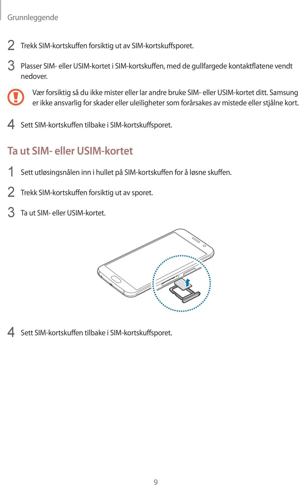 Vær forsiktig så du ikke mister eller lar andre bruke SIM- eller USIM-kortet ditt.