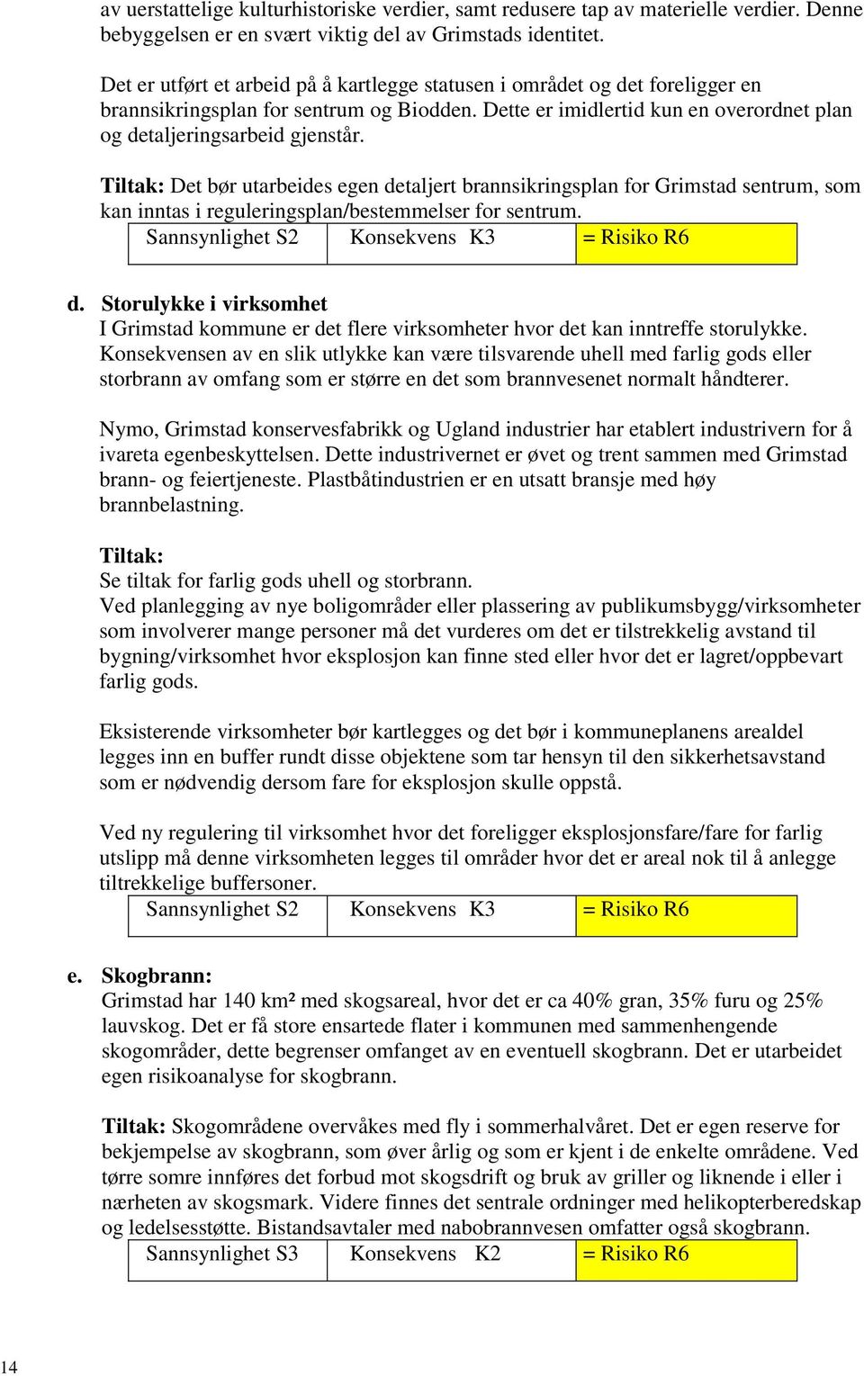 Tiltak: Det bør utarbeides egen detaljert brannsikringsplan for Grimstad sentrum, som kan inntas i reguleringsplan/bestemmelser for sentrum. d. Storulykke i virksomhet I Grimstad kommune er det flere virksomheter hvor det kan inntreffe storulykke.