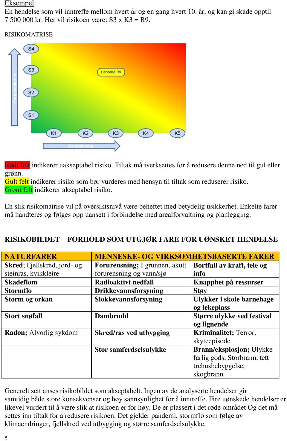 Gult felt indikerer risiko som bør vurderes med hensyn til tiltak som reduserer risiko. Grønt felt indikerer akseptabel risiko.