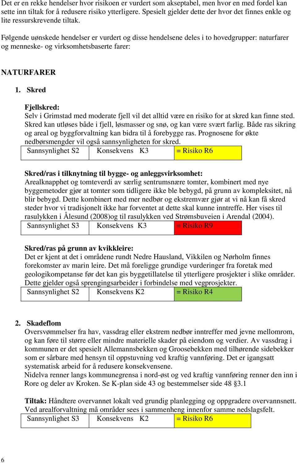 Følgende uønskede hendelser er vurdert og disse hendelsene deles i to hovedgrupper: naturfarer og menneske- og virksomhetsbaserte farer: NATURFARER 1.