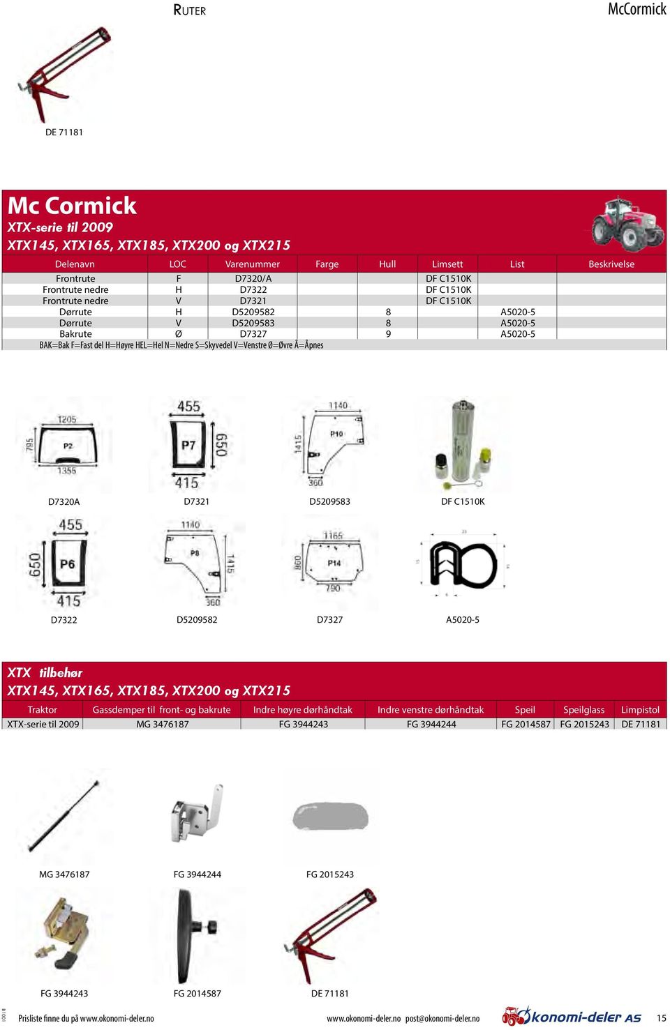 Å=Åpnes D7320A D7321 D5209583 DF C1510K D7322 D5209582 D7327 A5020-5 XTX tilbehør XTX145, XTX165, XTX185, XTX200 og XTX215 Traktor til front- og bakrute Indre høyre dørhåndtak Indre venstre