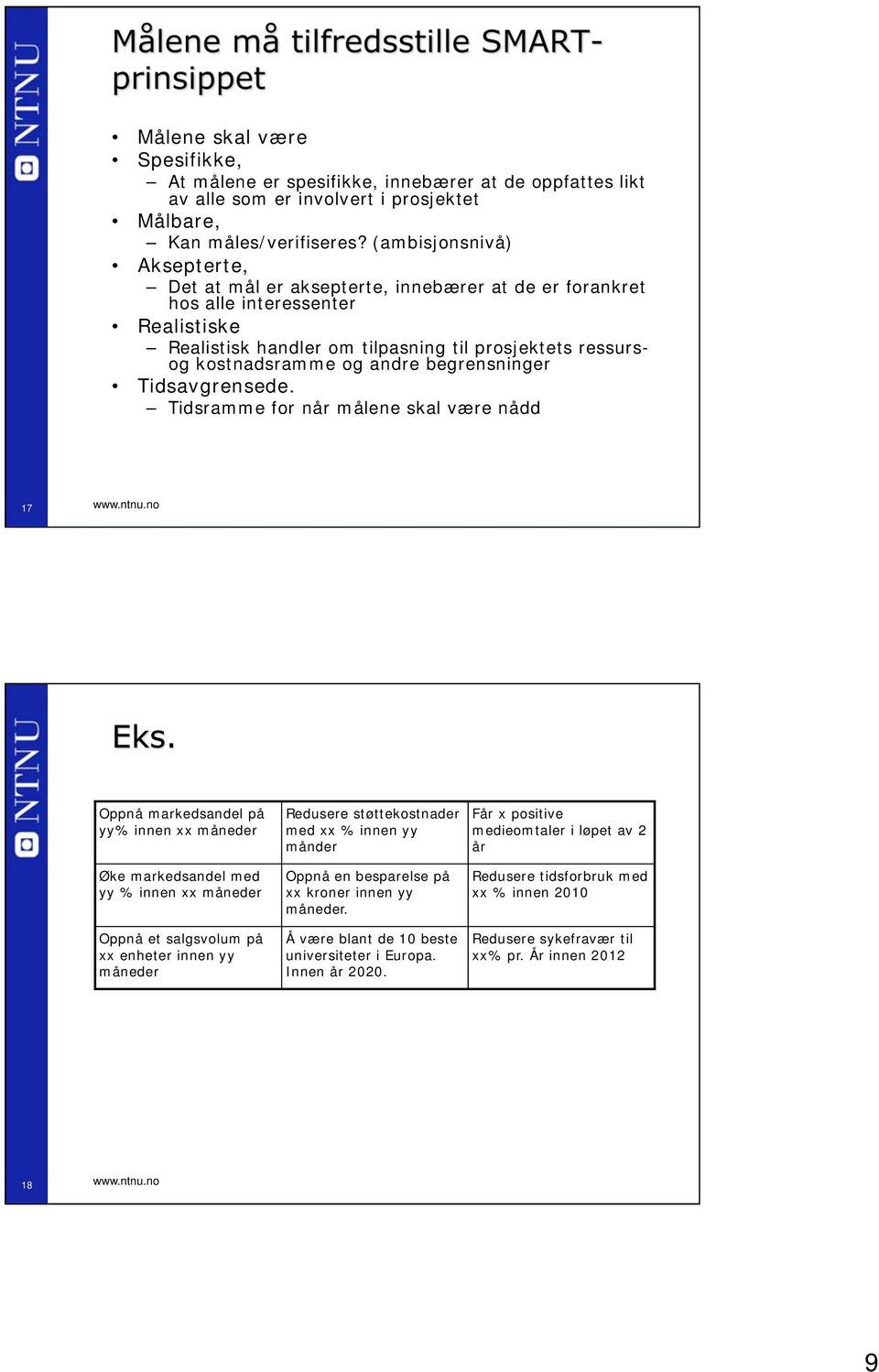 begrensninger Tidsavgrensede. Tidsramme for når målene skal være nådd 17 www.ntnu.