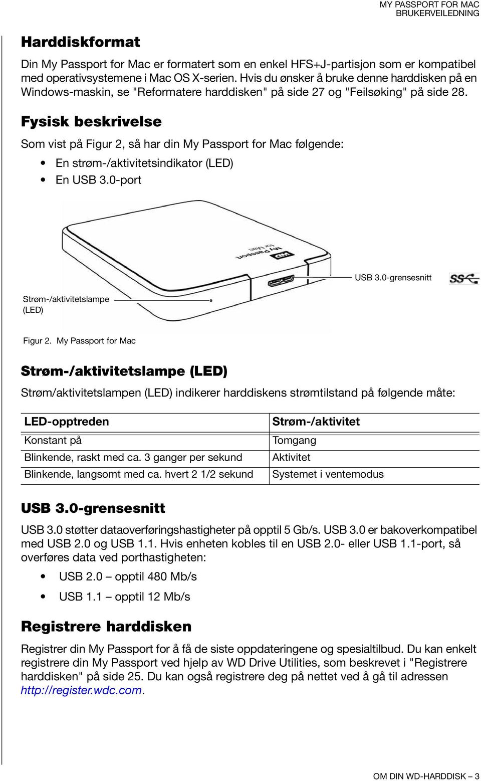 Fysisk beskrivelse Som vist på Figur 2, så har din My Passport for Mac følgende: En strøm-/aktivitetsindikator (LED) En USB 3.0-port USB 3.0-grensesnitt Strøm-/aktivitetslampe (LED) Figur 2.