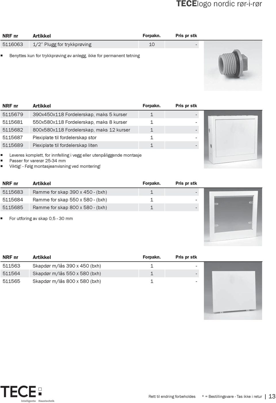 stor 1-5115689 Plexiplate til fordelerskap liten 1 - Leveres komplett, for innfelling i vegg eller utenpåliggende montasje Passer for varerør 25-34 mm Viktig! - Følg montasjeanvisning ved montering!