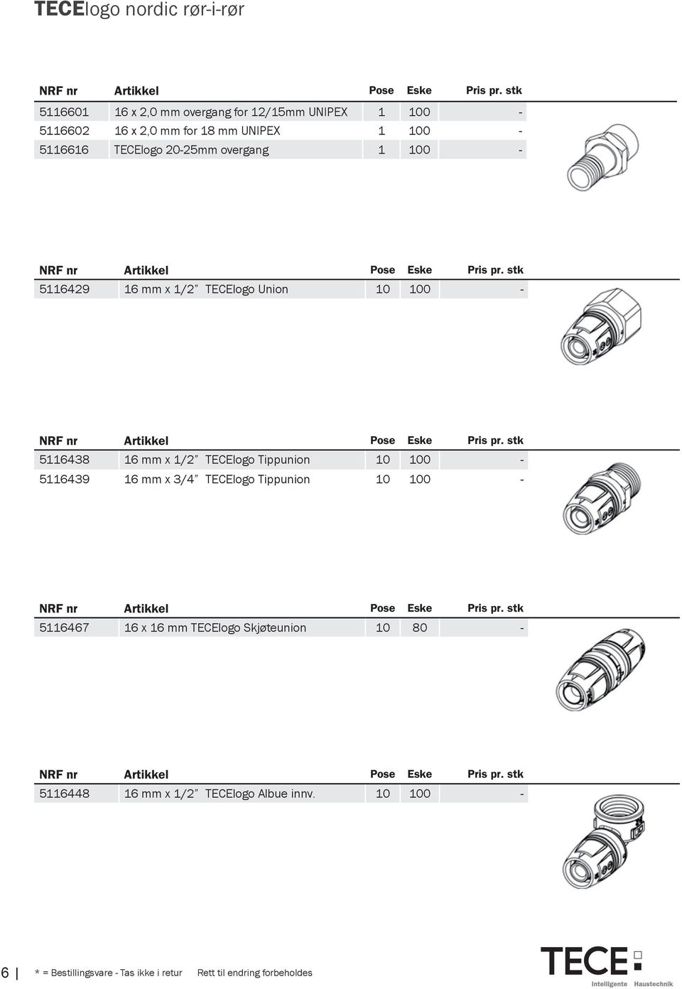 Eske Pris pr. stk 5116429 16 mm x 1/2 TECElogo Union 10 100 - NRF nr Artikkel Pose Eske Pris pr.