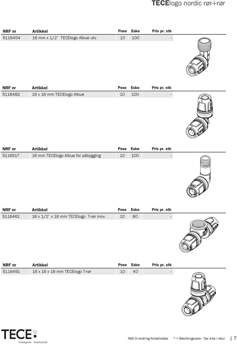 stk 5116517 16 mm TECElogo Albue for påbygging 10 100 - NRF nr Artikkel Pose Eske Pris pr.