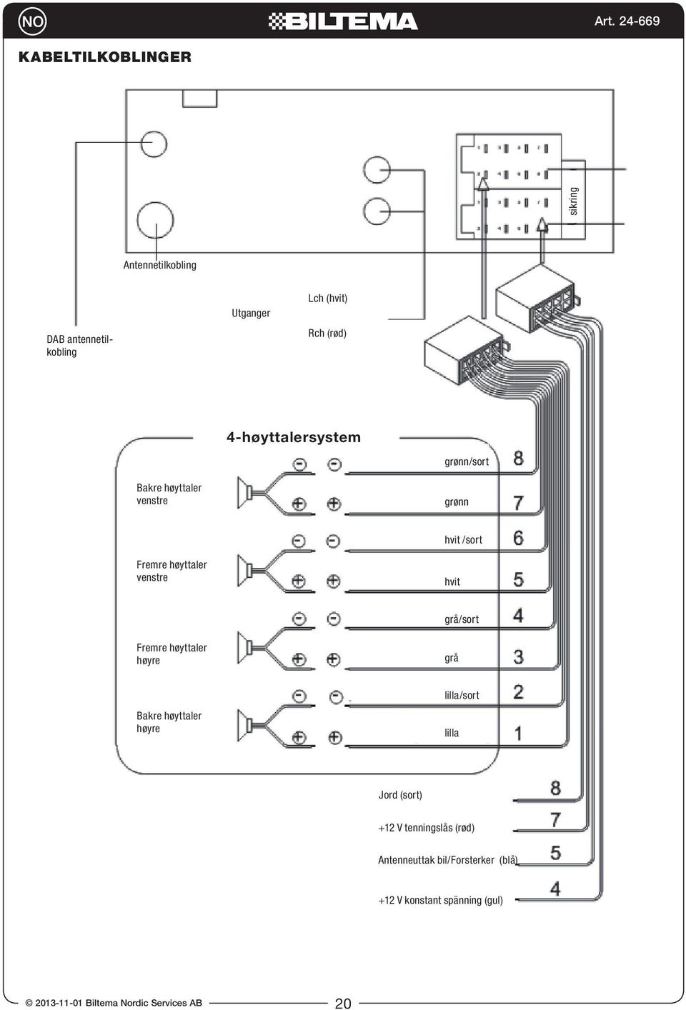 grå/sort Fremre høyttaler høyre grå Bakre høyttaler høyre lilla/sort lilla Jord (sort) +12 V