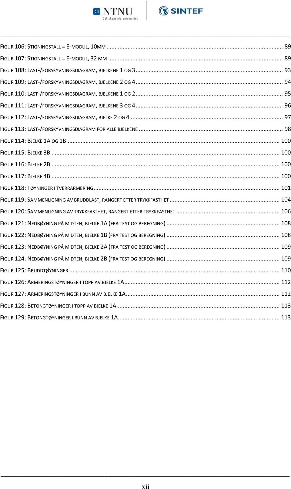 .. 96 FIGUR 112: LAST-/FORSKYVNINGSDIAGRAM, BJELKE 2 OG 4... 97 FIGUR 113: LAST-/FORSKYVNINGSDIAGRAM FOR ALLE BJELKENE... 98 FIGUR 114: BJELKE 1A OG 1B... 100 FIGUR 115: BJELKE 3B.