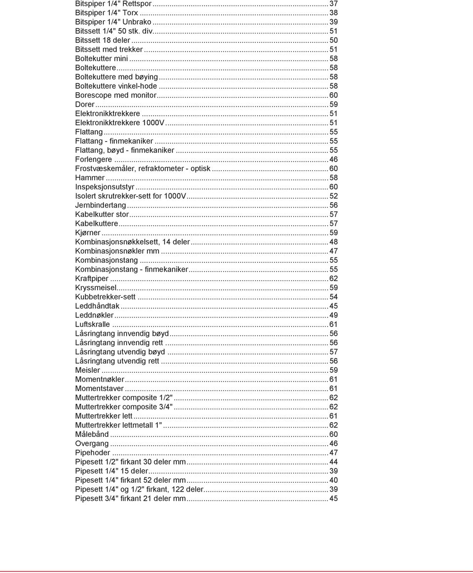 .. 55 Flattang - finmekaniker... 55 Flattang, bøyd - finmekaniker... 55 Forlengere... 46 Frostvæskemåler, refraktometer - optisk... 60 Hammer... 58 Inspeksjonsutstyr.