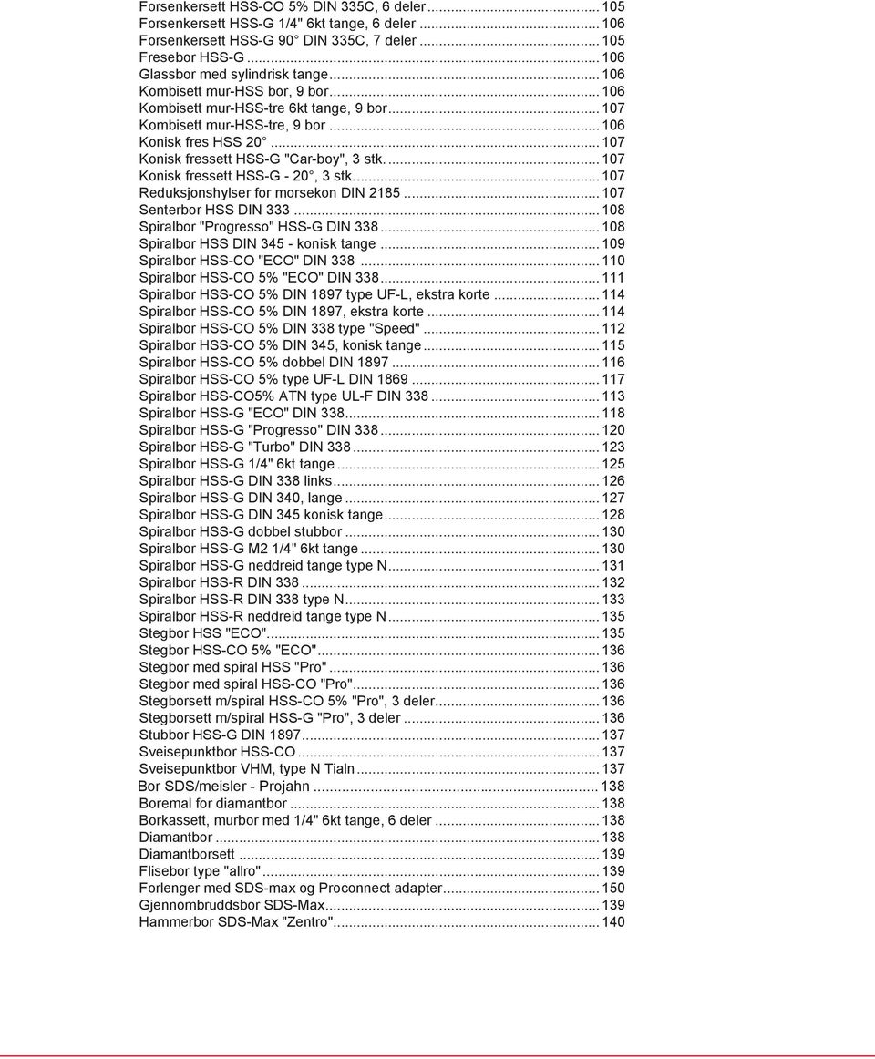 .. 107 Konisk fressett HSS-G - 20, 3 stk... 107 Reduksjonshylser for morsekon DIN 2185... 107 Senterbor HSS DIN 333... 108 Spiralbor "Progresso" HSS-G DIN 338.
