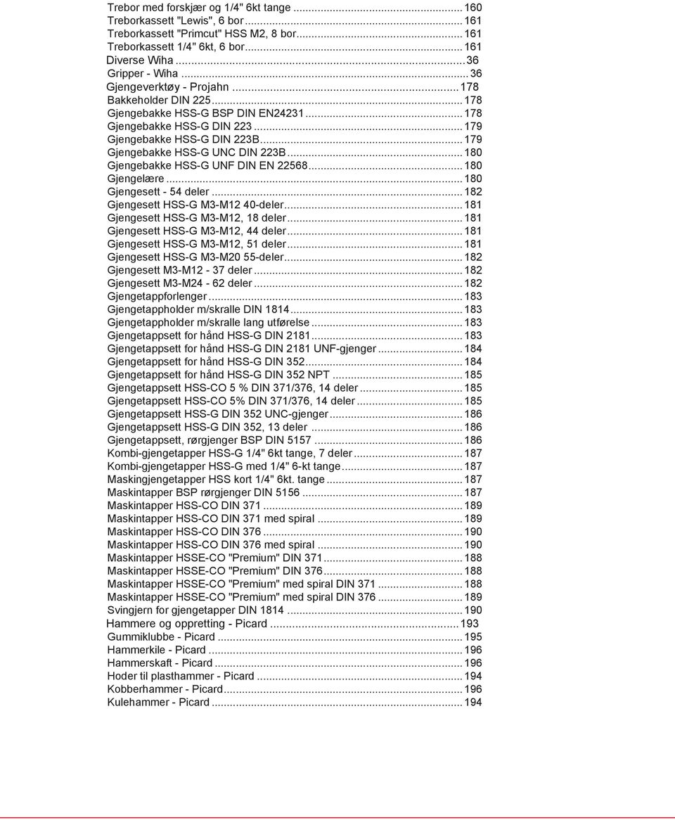 .. 180 Gjengebakke HSS-G UNF DIN EN 22568... 180 Gjengelære... 180 Gjengesett - 54 deler... 182 Gjengesett HSS-G M3-M12 40-deler... 181 Gjengesett HSS-G M3-M12, 18 deler.