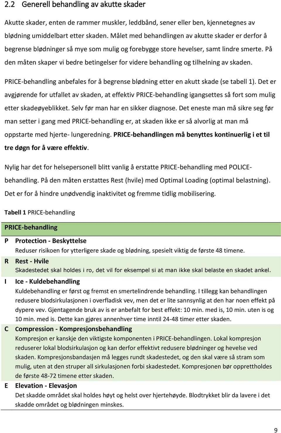 På den måten skaper vi bedre betingelser for videre behandling og tilhelning av skaden. PRICE-behandling anbefales for å begrense blødning etter en akutt skade (se tabell 1).