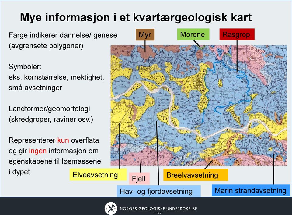 kornstørrelse, mektighet, små avsetninger Landformer/geomorfologi (skredgroper, raviner osv.