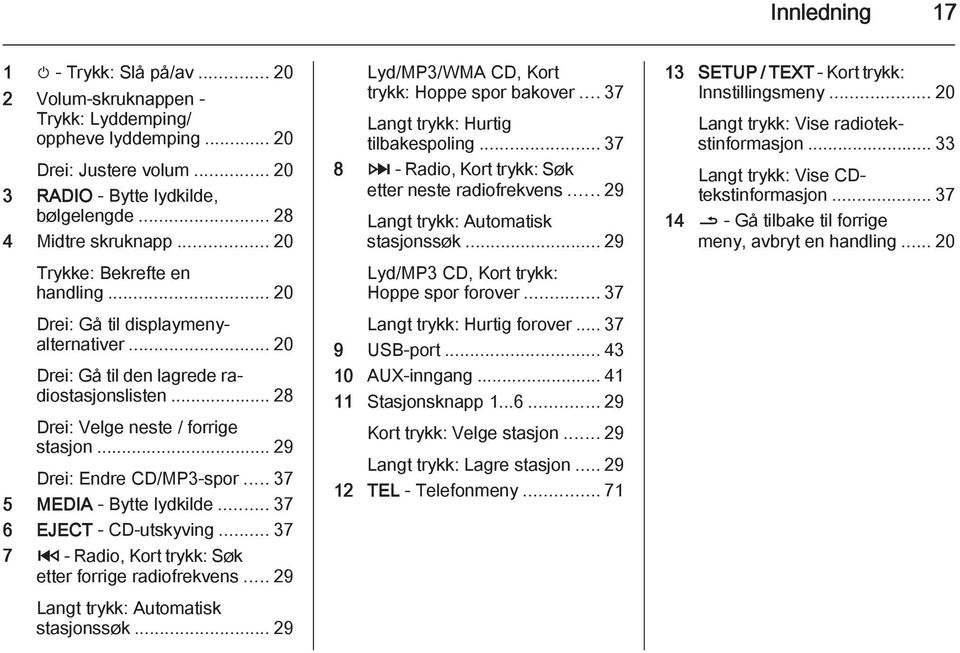 .. 37 5 MEDIA - Bytte lydkilde... 37 6 EJECT - CD-utskyving... 37 7 2 - Radio, Kort trykk: Søk etter forrige radiofrekvens... 29 Langt trykk: Automatisk stasjonssøk.