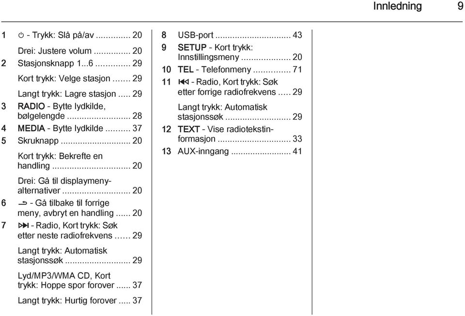 .. 20 7 3 - Radio, Kort trykk: Søk etter neste radiofrekvens... 29 Langt trykk: Automatisk stasjonssøk... 29 Lyd/MP3/WMA CD, Kort trykk: Hoppe spor forover... 37 Langt trykk: Hurtig forover.