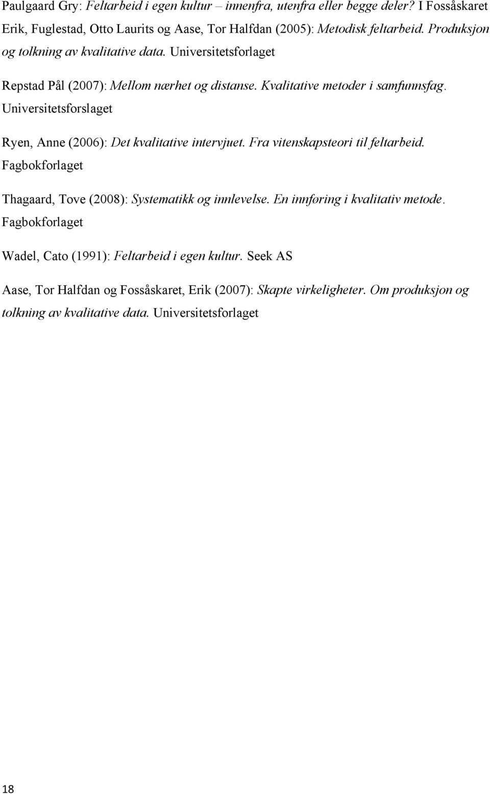 Universitetsforslaget Ryen, Anne (2006): Det kvalitative intervjuet. Fra vitenskapsteori til feltarbeid. Fagbokforlaget Thagaard, Tove (2008): Systematikk og innlevelse.