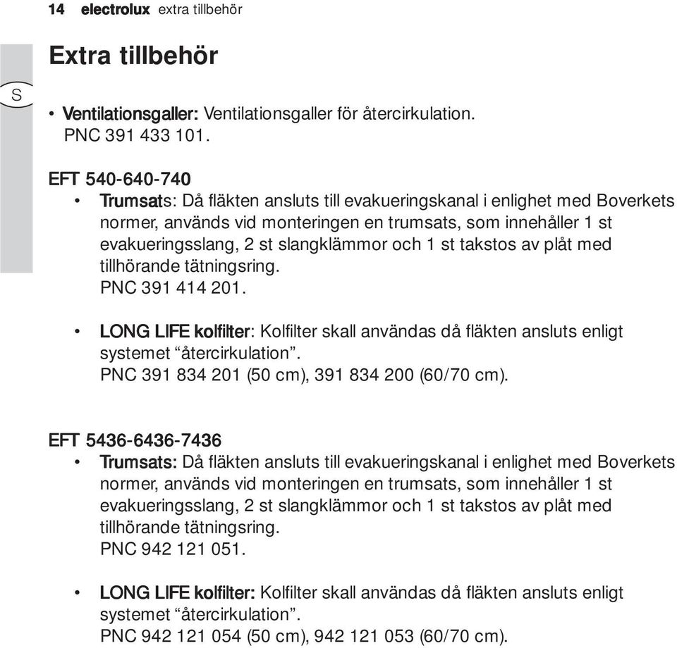 och 1 st takstos av plåt med tillhörande tätningsring. PNC 391 414 201. LONG LIFE kolfilter: Kolfilter skall användas då fläkten ansluts enligt systemet återcirkulation.