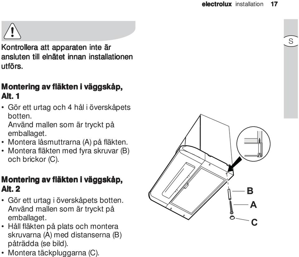 Montera låsmuttrarna (A) på fläkten. Montera fläkten med fyra skruvar (B) och brickor (C). Montering av fläkten i väggskåp, Alt.