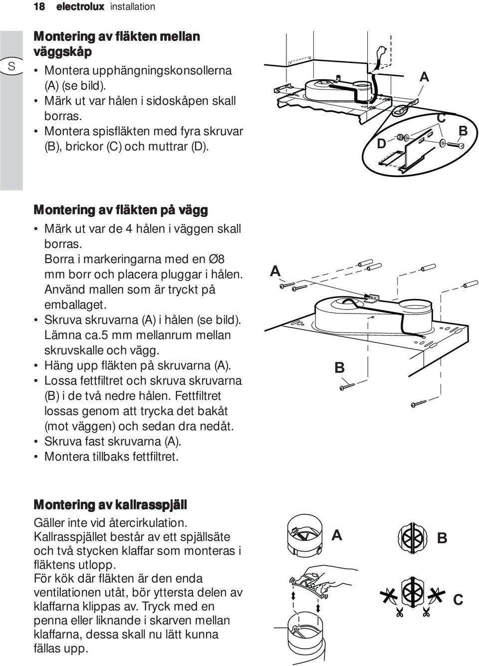 Borra i markeringarna med en Ø8 mm borr och placera pluggar i hålen. Använd mallen som är tryckt på emballaget. Skruva skruvarna (A) i hålen (se bild). Lämna ca.