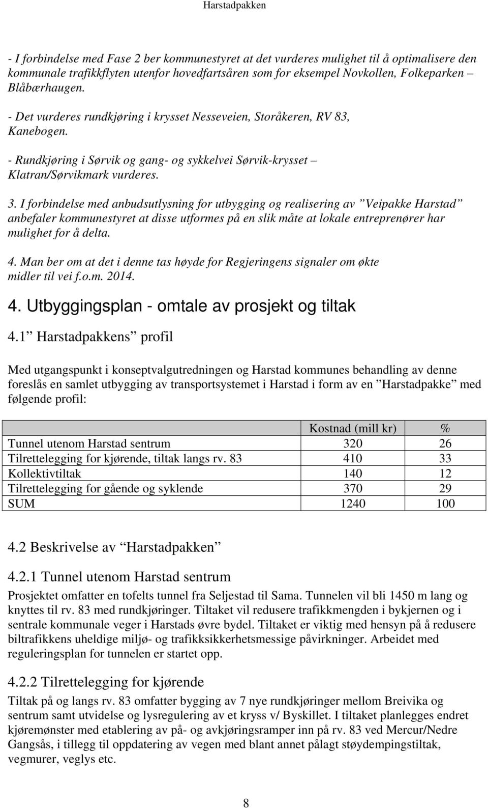 I forbindelse med anbudsutlysning for utbygging og realisering av Veipakke Harstad anbefaler kommunestyret at disse utformes på en slik måte at lokale entreprenører har mulighet for å delta. 4.