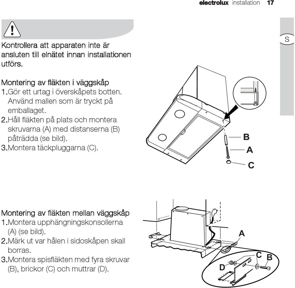 Håll fläkten på plats och montera skruvarna (A) med distanserna (B) påträdda (se bild). 3.Montera täckpluggarna (C).