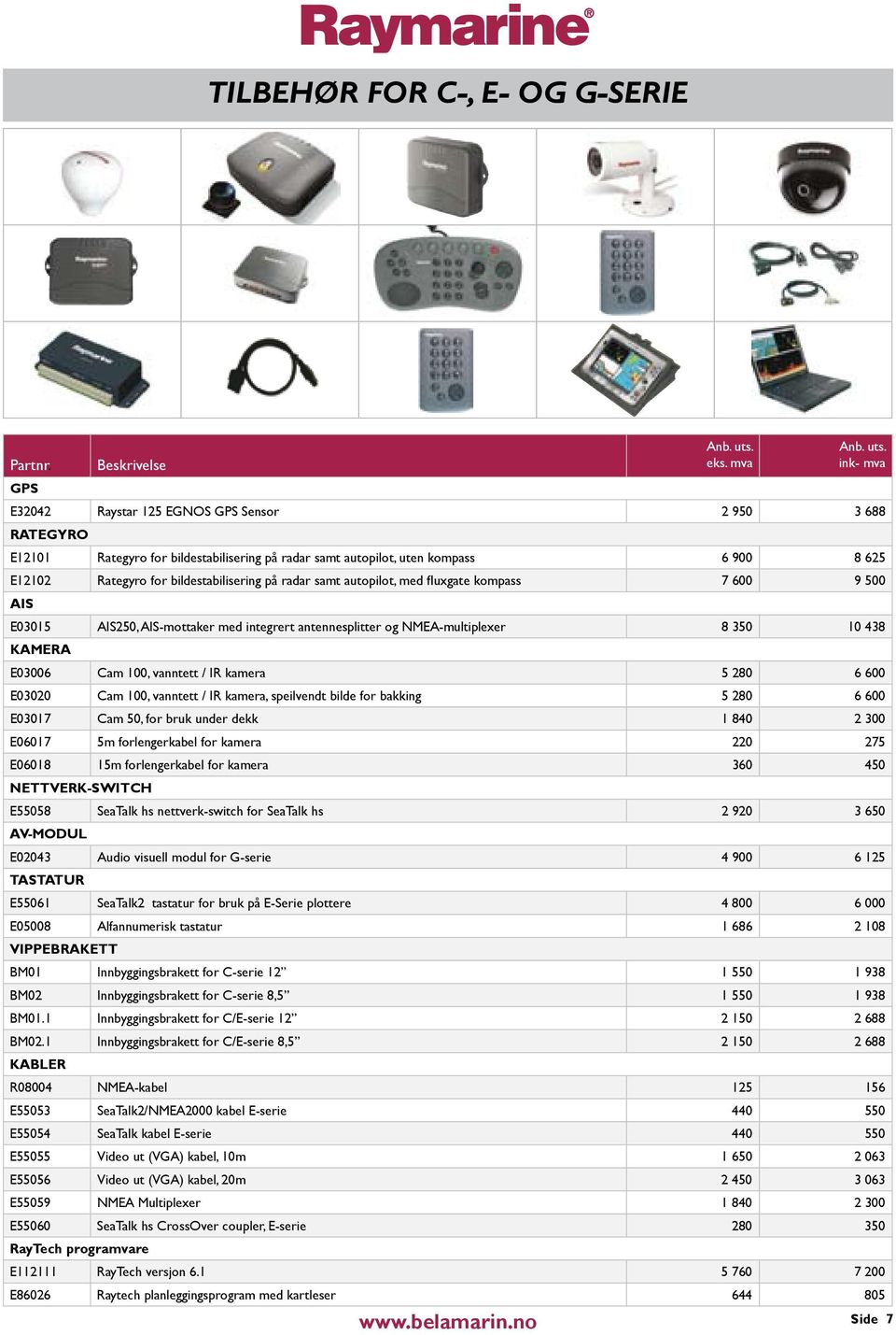 vanntett / IR kamera 5 280 6 600 E03020 Cam 100, vanntett / IR kamera, speilvendt bilde for bakking 5 280 6 600 E03017 Cam 50, for bruk under dekk 1 840 2 300 E06017 5m forlengerkabel for kamera 220