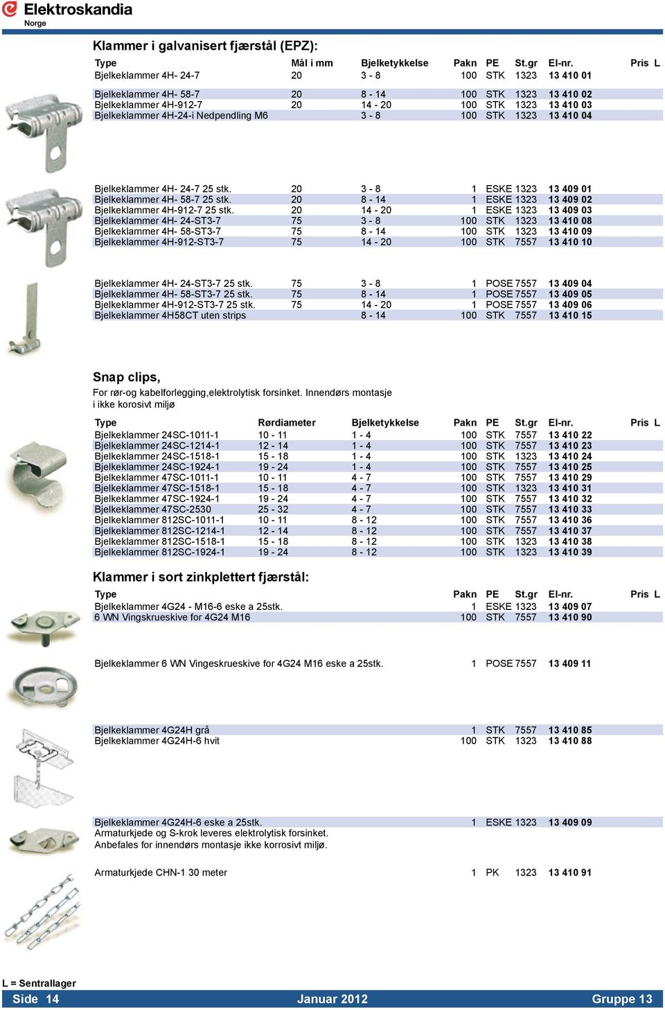 Nedpendling M6 3-8 100 STK 1323 13 410 04 Bjelkeklammer 4H- 24-7 25 stk. 20 3-8 1 ESKE 1323 13 409 01 Bjelkeklammer 4H- 58-7 25 stk. 20 8-14 1 ESKE 1323 13 409 02 Bjelkeklammer 4H-912-7 25 stk.