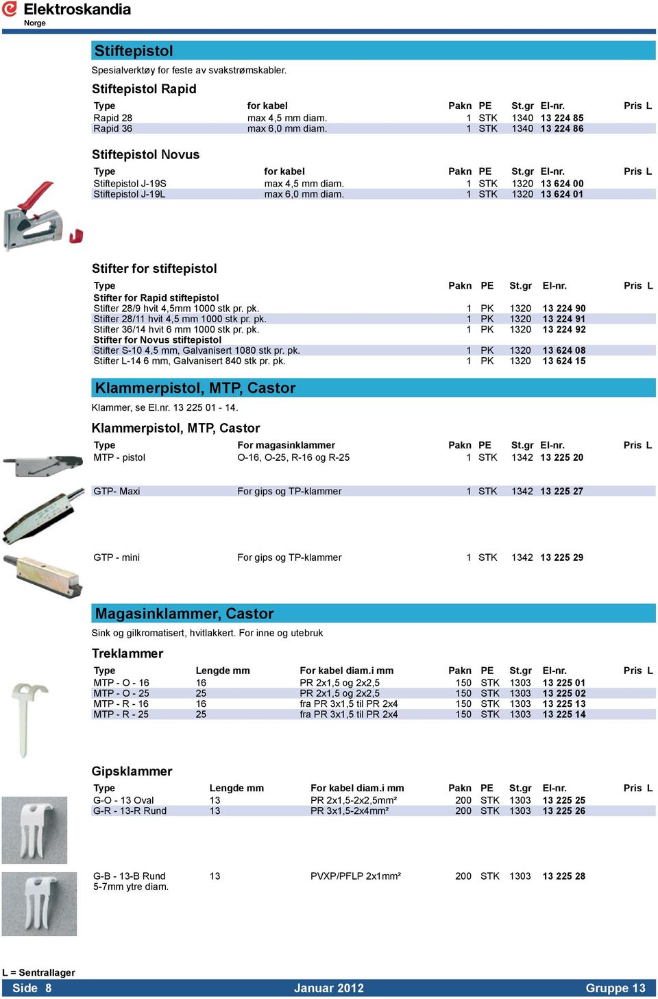 1 STK 1320 13 624 01 Stifter for stiftepistol Type Pakn PE St.gr El-nr. Pris L Stifter for Rapid stiftepistol Stifter 28/9 hvit 4,5mm 1000 stk pr. pk.