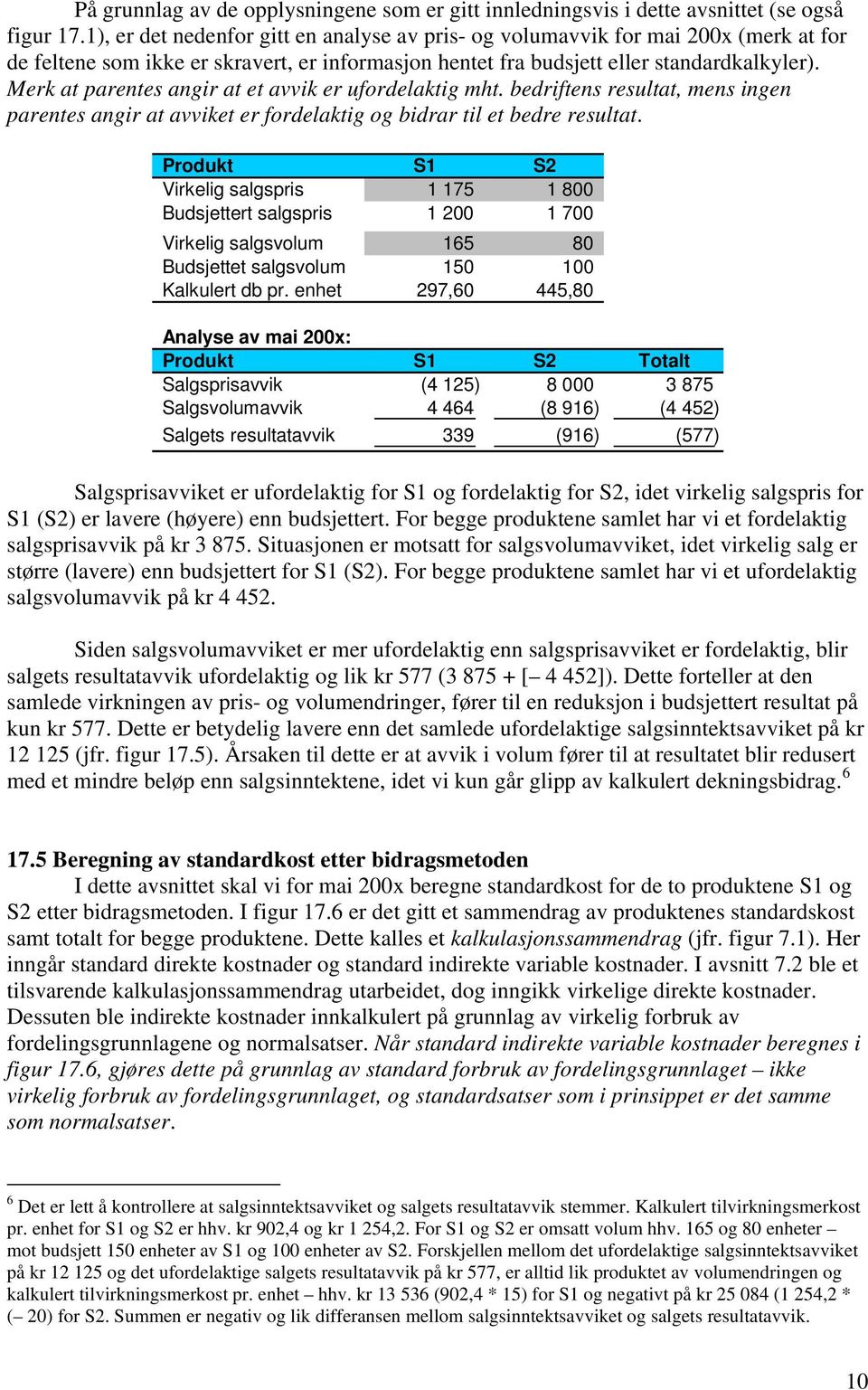 Merk at parentes angir at et avvik er ufordelaktig mht. bedriftens resultat, mens ingen parentes angir at avviket er fordelaktig og bidrar til et bedre resultat.