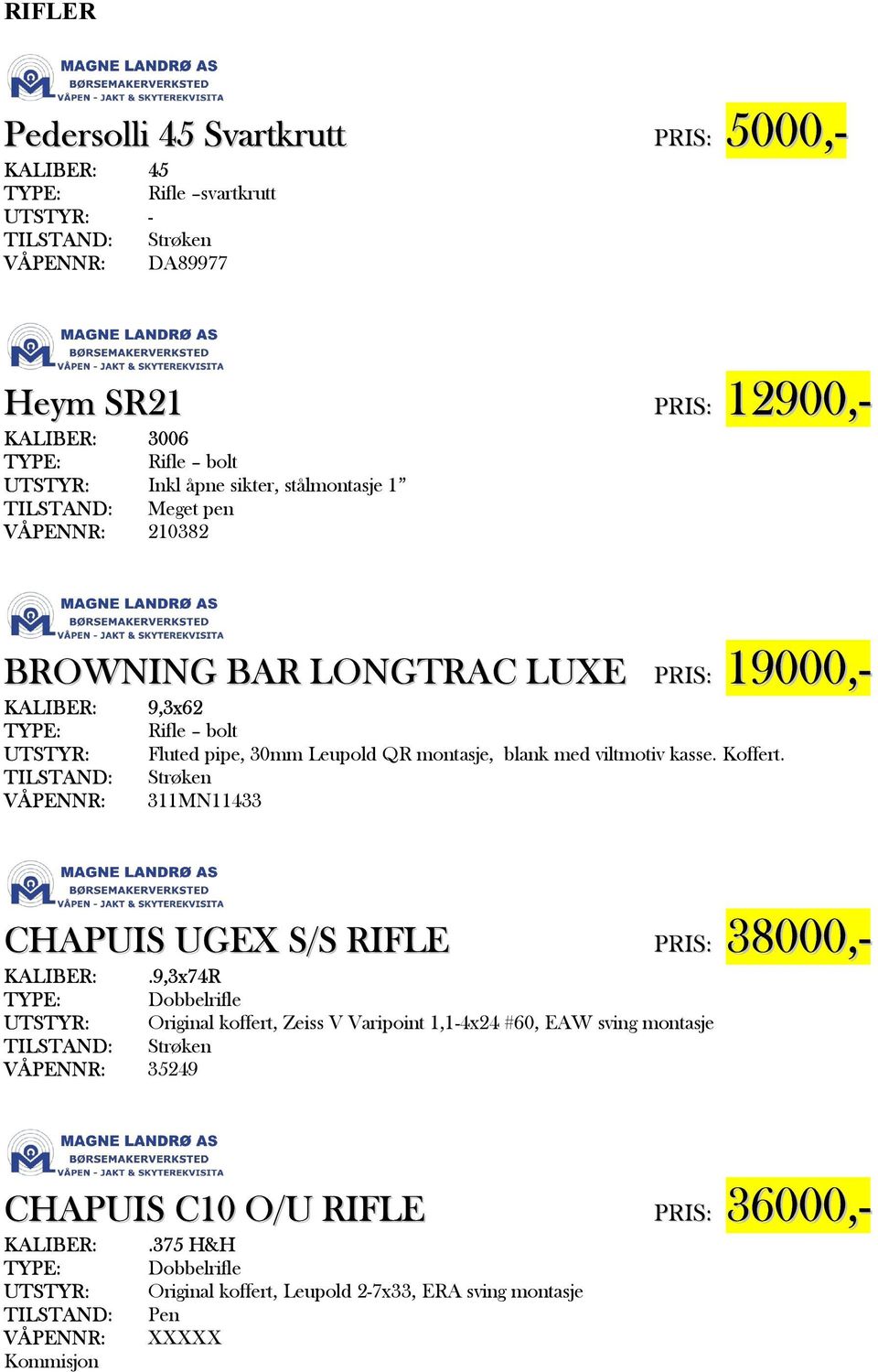 viltmotiv kasse. Koffert. TILSTAND: Strøken VÅPENNR: 311MN11433 CHAPUIS UGEX S/S RIFLE PRIS: 38000,- KALIBER:.