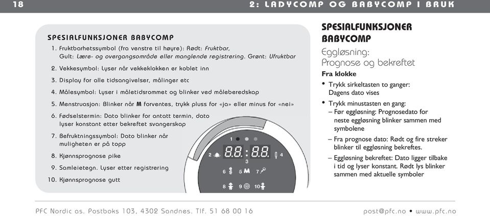 Display for alle tidsangivelser, målinger etc 4. Målesymbol: Lyser i måletidsrommet og blinker ved måleberedskap 5. Menstruasjon: Blinker når M forventes, trykk pluss for «ja» eller minus for «nei» 6.