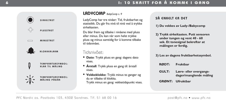 N G P Å G Å R LADYCOMP BabyComp s. 9 LadyComp har tre nivåer: Tid, fruktbarhet og statistikk. Du går fra nivå til nivå ved å trykke sirkeltasten.