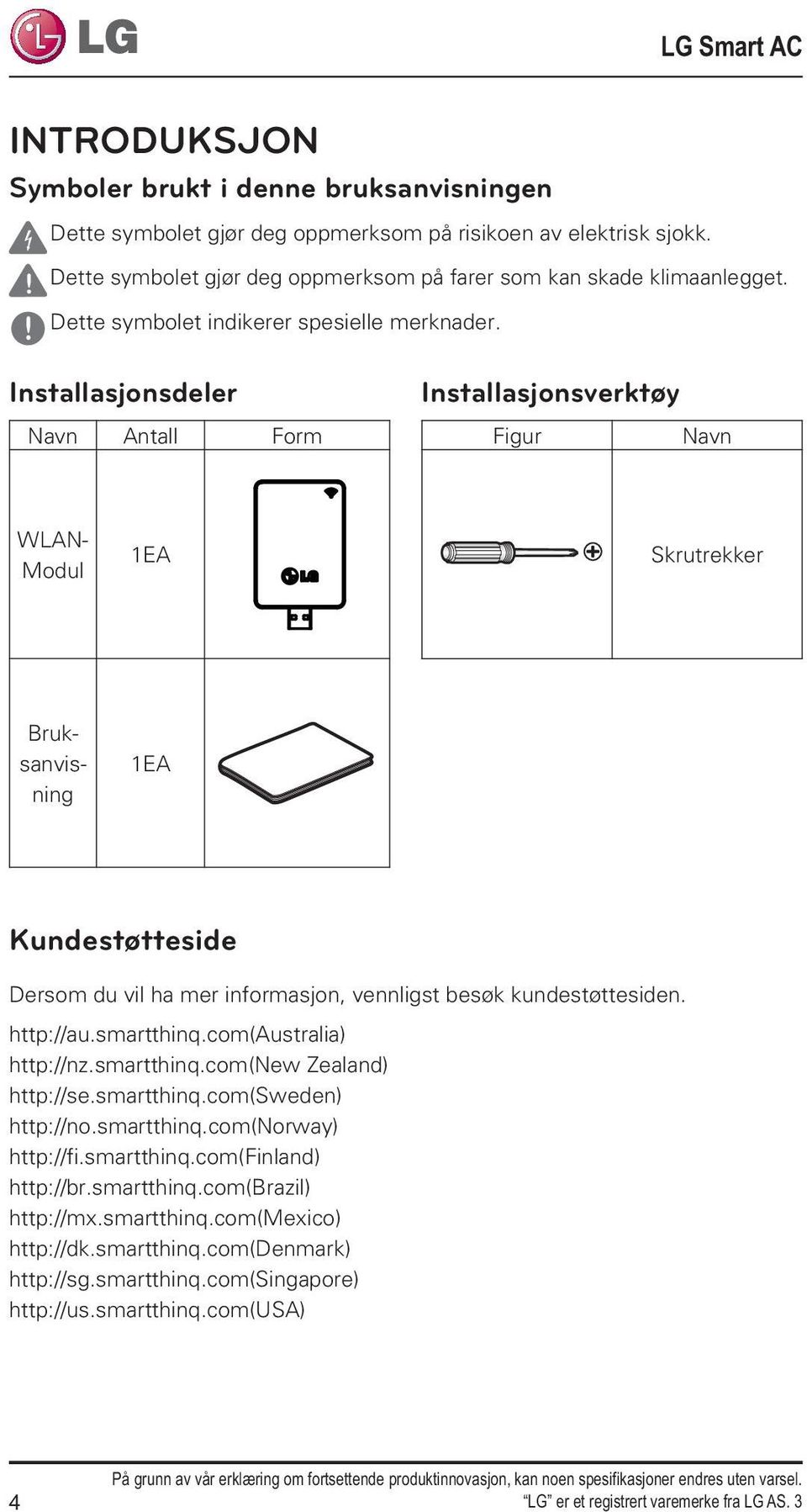 Installasjonsdeler Navn Antall Form Installasjonsverktøy Figur Navn WLAN- Modul 1EA Skrutrekker Bruksanvisning 1EA Kundestøtteside Dersom du vil ha mer informasjon, vennligst besøk kundestøttesiden.