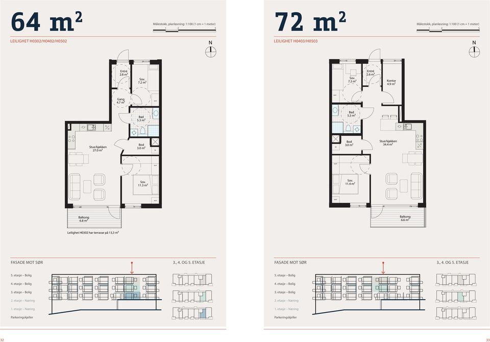 OG 5. ETASJE FASADE MOT SØR 4. etg 3., 4. OG 5. ETASJE 5. etasje Bolig 4. etasje Bolig Leilighet H0302, H0402 & H0502 BRA: 64,5m² Mål: A3 1:50 3. etg 5. etasje Bolig 4. etasje Bolig Leilighet H0403 & H0503 BRA: 72,6m² Mål: A3 1:50 3.