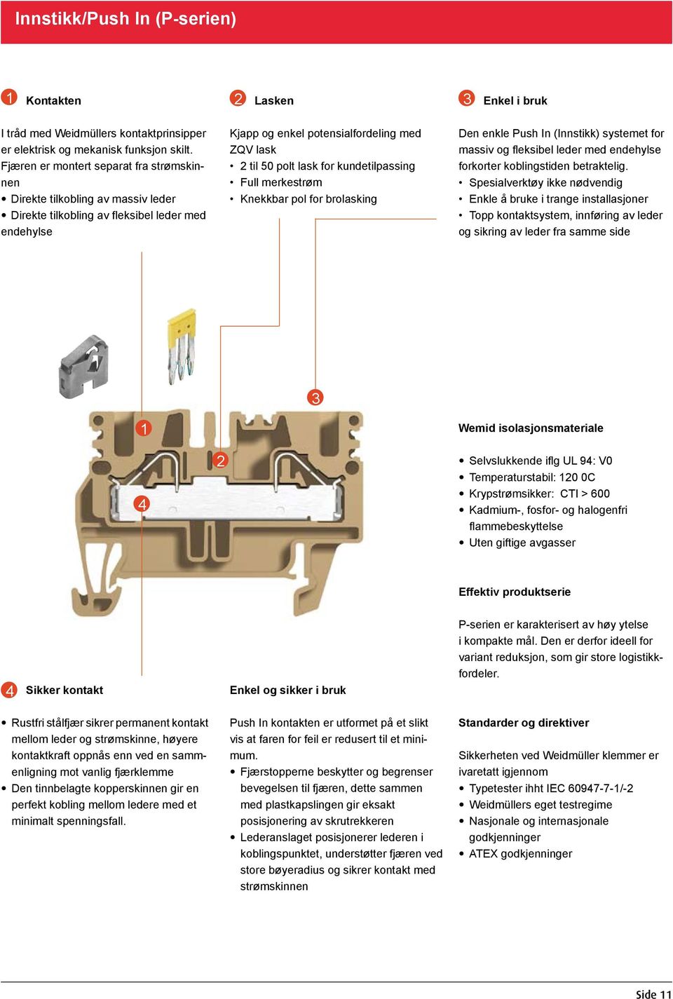 kundetilpassing Full merkestrøm Knekkbar pol for brolasking Den enkle Push In (Innstikk) systemet for massiv og fleksibel leder med endehylse forkorter koblingstiden betraktelig.