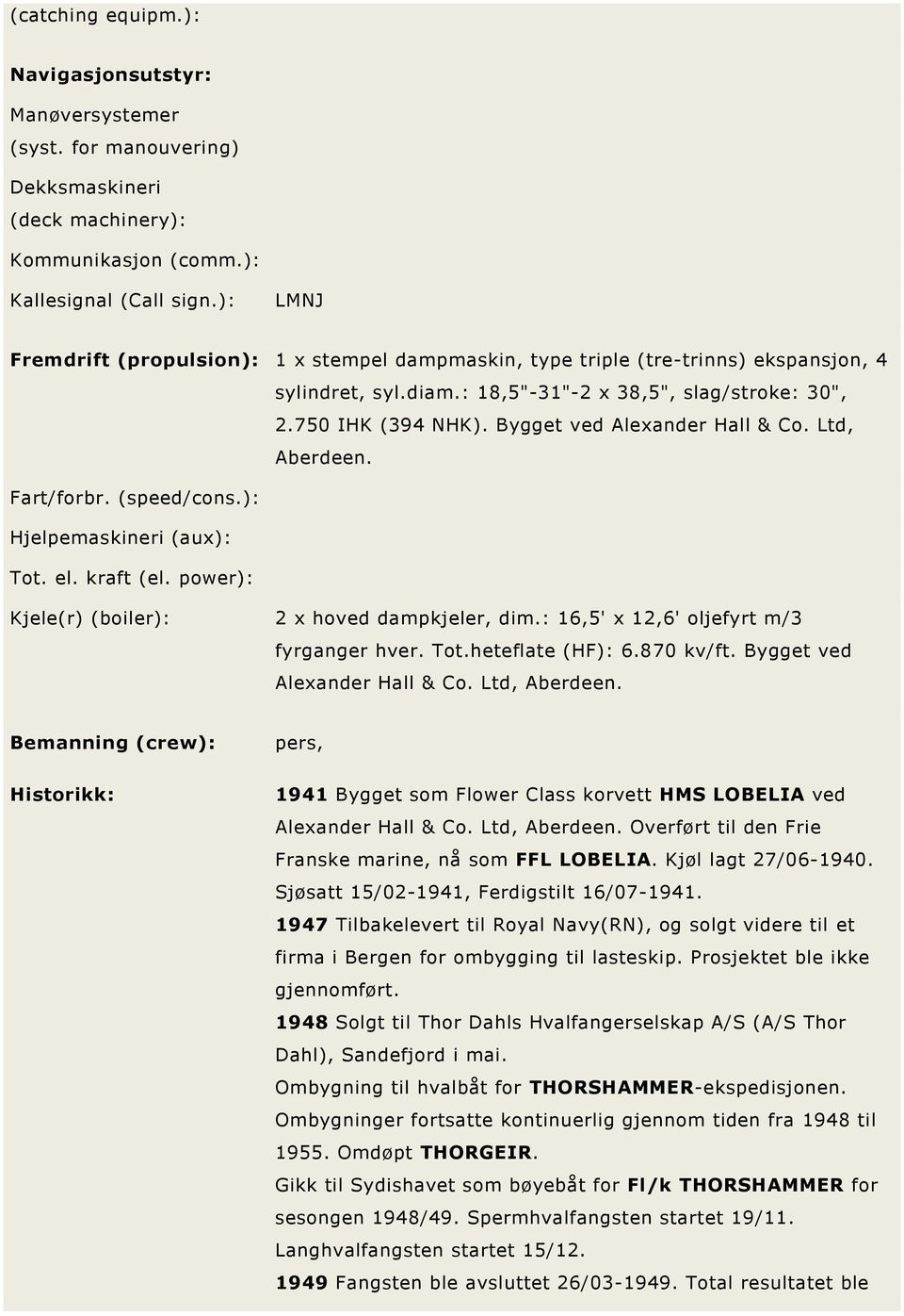 Bygget ved Alexander Hall & Co. Ltd, Aberdeen. Fart/forbr. (speed/cons.): Hjelpemaskineri (aux): Tot. el. kraft (el. power): Kjele(r) (boiler): 2 x hoved dampkjeler, dim.