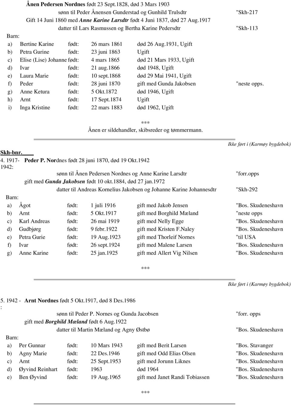 1931, Ugift b) Petra Gurine født: 23 juni 1863 Ugift c) Elise (Lise) Johanne født: 4 mars 1865 død 21 Mars 1933, Ugift d) Ivar født: 21 aug.1866 død 1948, Ugift e) Laura Marie født: 10 sept.