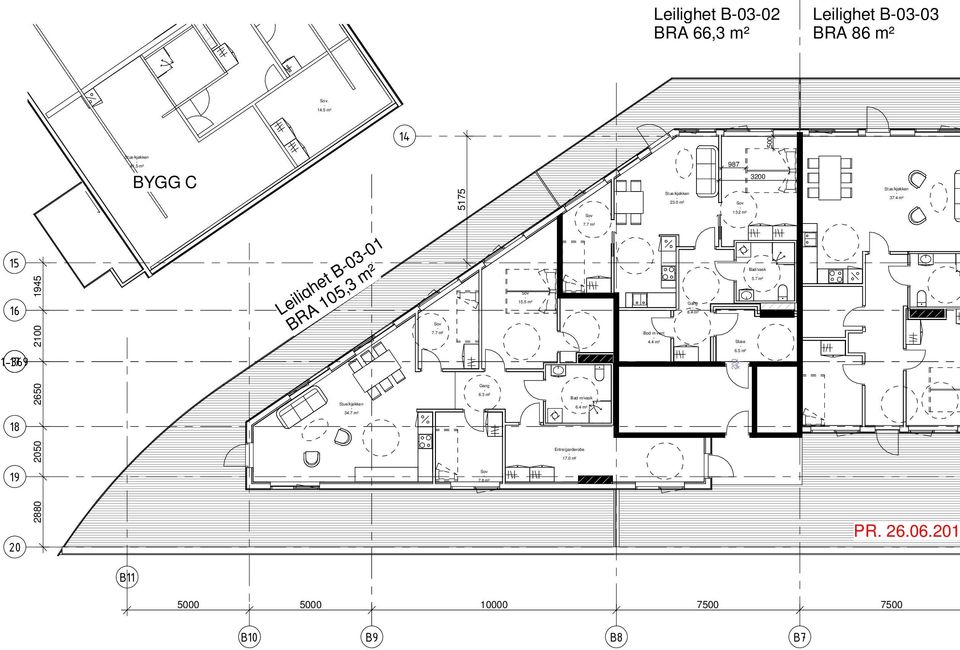 4 m² 2880 2050 2650 2100 1945 Leilighet B0301 BRA 105,3 m² 34.7 m² 7.7 m² Gang 6.3 m² 7.