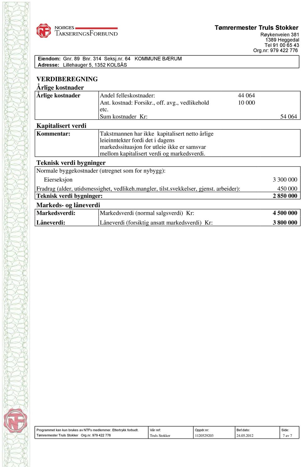 Sum kostnader Kr: 54 064 Kapitalisert verdi Kommentar: Takstmannen har ikke kapitalisert netto årlige leieinntekter fordi det i dagens markedssituasjon for utleie ikke er samsvar mellom kapitalisert