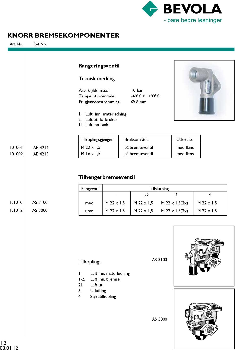 Luft inn tank 101001 101002 AE 4214 AE 4215 Tilkoplingsgjenger Bruksområde Utførelse M 22 x 1,5 på bremseventil med flens M 16 x 1,5 på bremseventil med flens 101010