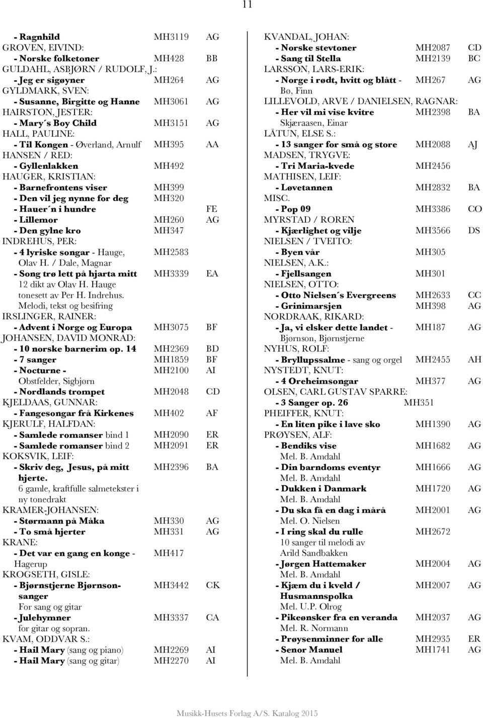 RED: - Gyllenlakken MH492 HAUGER, KRISTIAN: - Barnefrontens viser MH399 - Den vil jeg nynne for deg MH320 - Hauer n i hundre FE - Lillemor MH260 AG - Den gylne kro MH347 INDREHUS, PER: - 4 lyriske