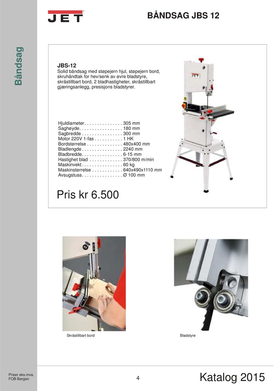 .......... 1 HK Bordstørrelse.............. 480x400 mm Bladlengde................ 2240 mm Bladbredde................ 6-15 mm Hastighet blad.