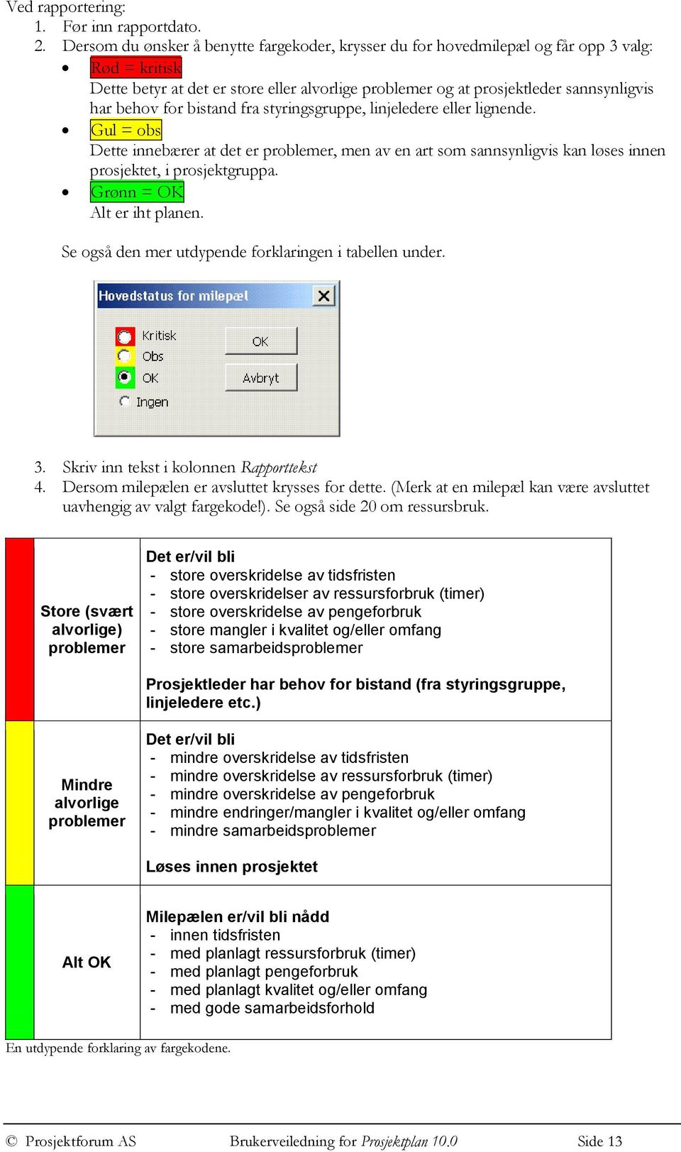 for bistand fra styringsgruppe, linjeledere eller lignende. Gul = obs Dette innebærer at det er problemer, men av en art som sannsynligvis kan løses innen prosjektet, i prosjektgruppa.