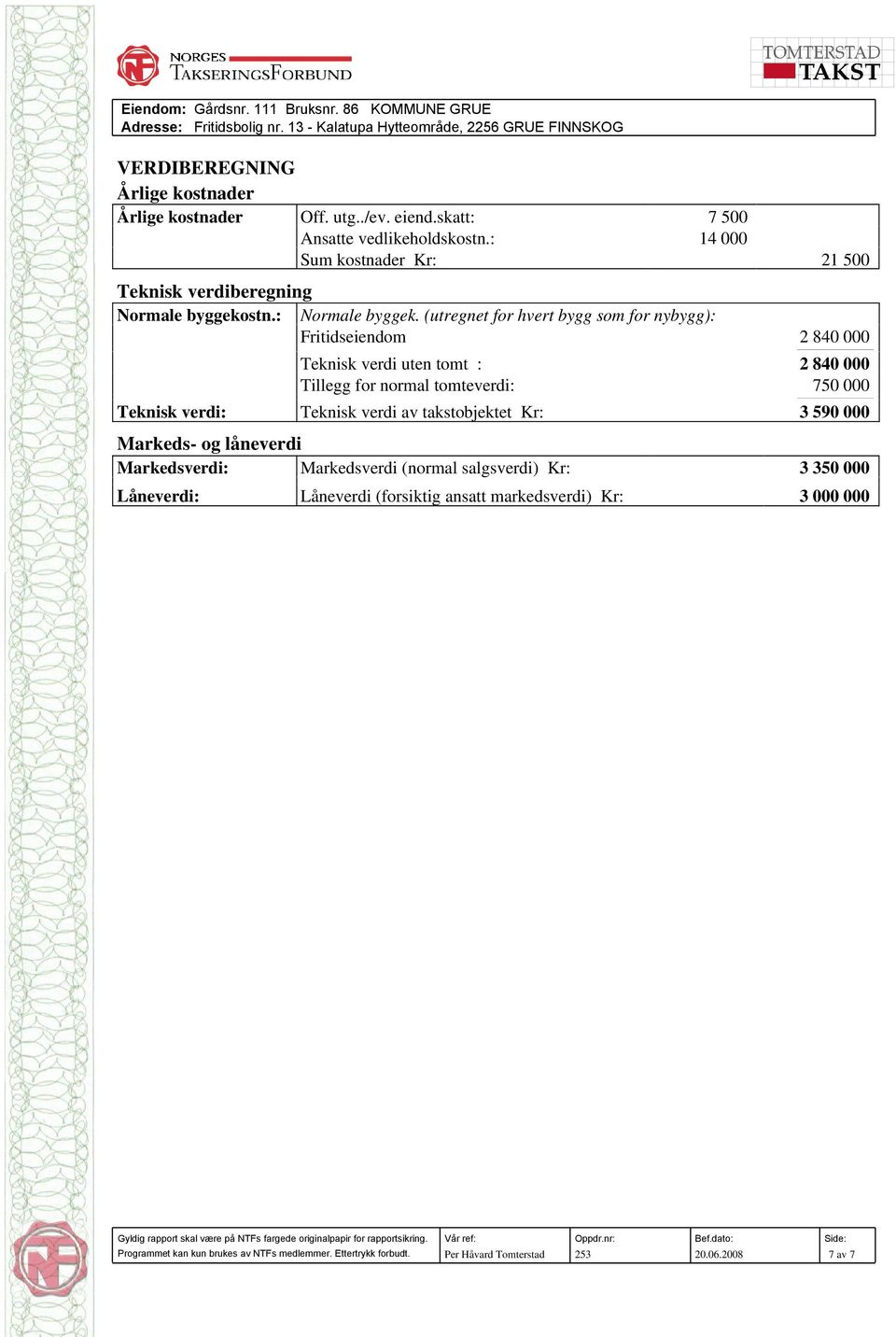 (utregnet for hvert bygg som for nybygg): Fritidseiendom 2 840 000 Teknisk verdi uten tomt : 2 840 000 Tillegg for normal tomteverdi: 750 000 Teknisk verdi: Teknisk