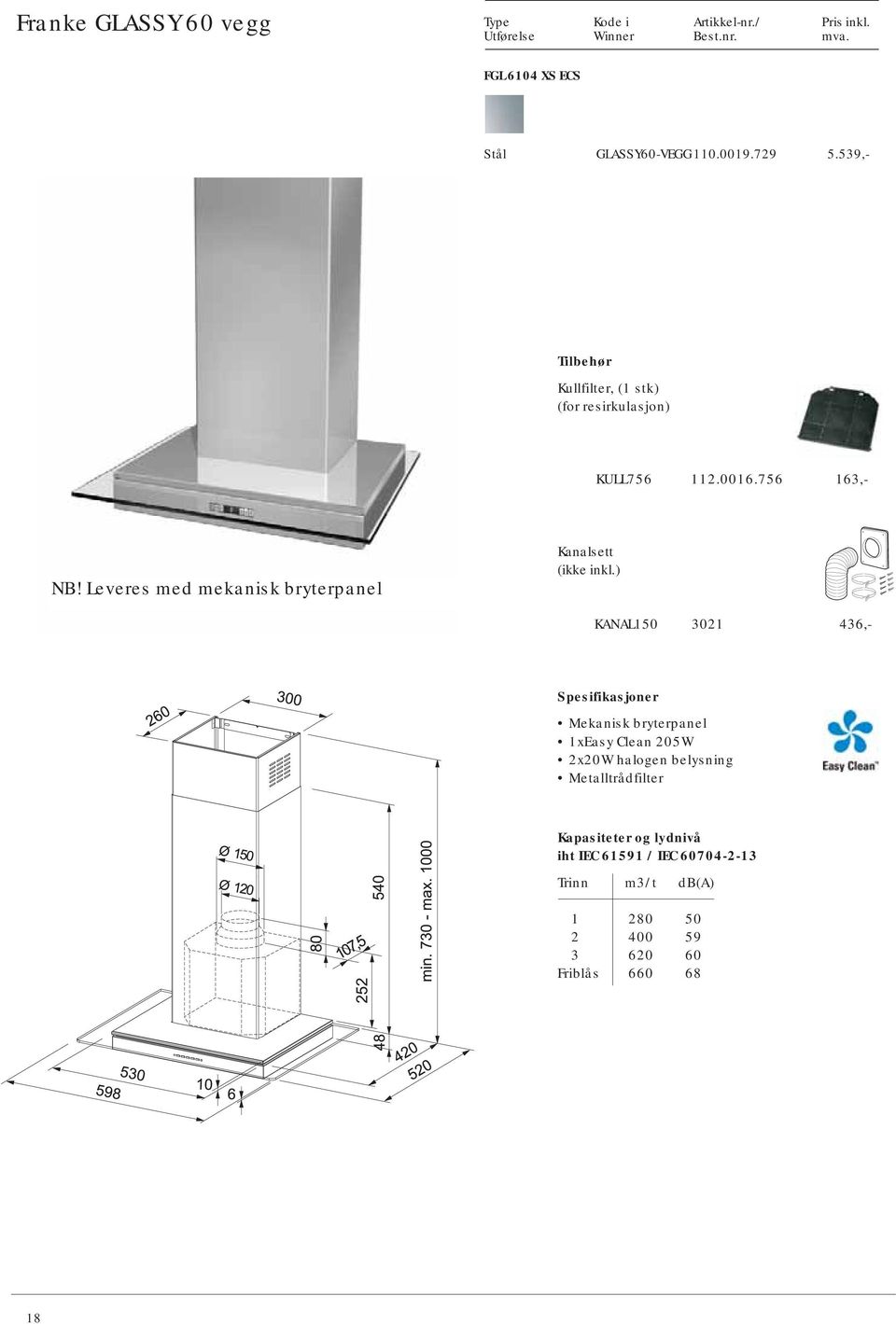 Leveres med mekanisk bryterpanel KANAL150 3021 436,- Mekanisk bryterpanel 1xEasy Clean 205W 2x20W halogen